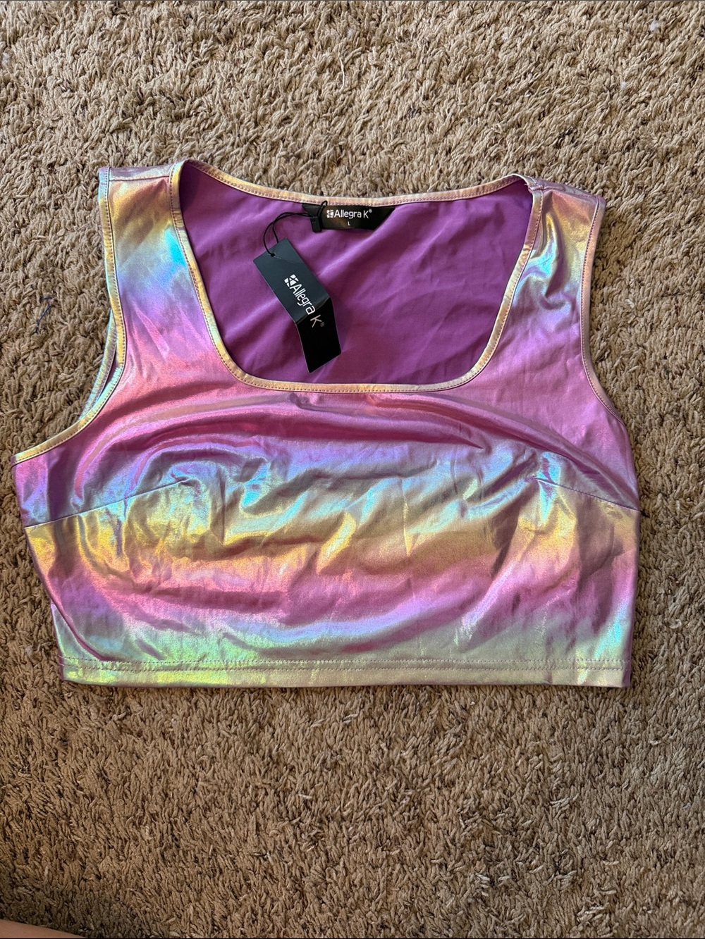 Allegra K Pink Iridescent Holographic Crop Tank